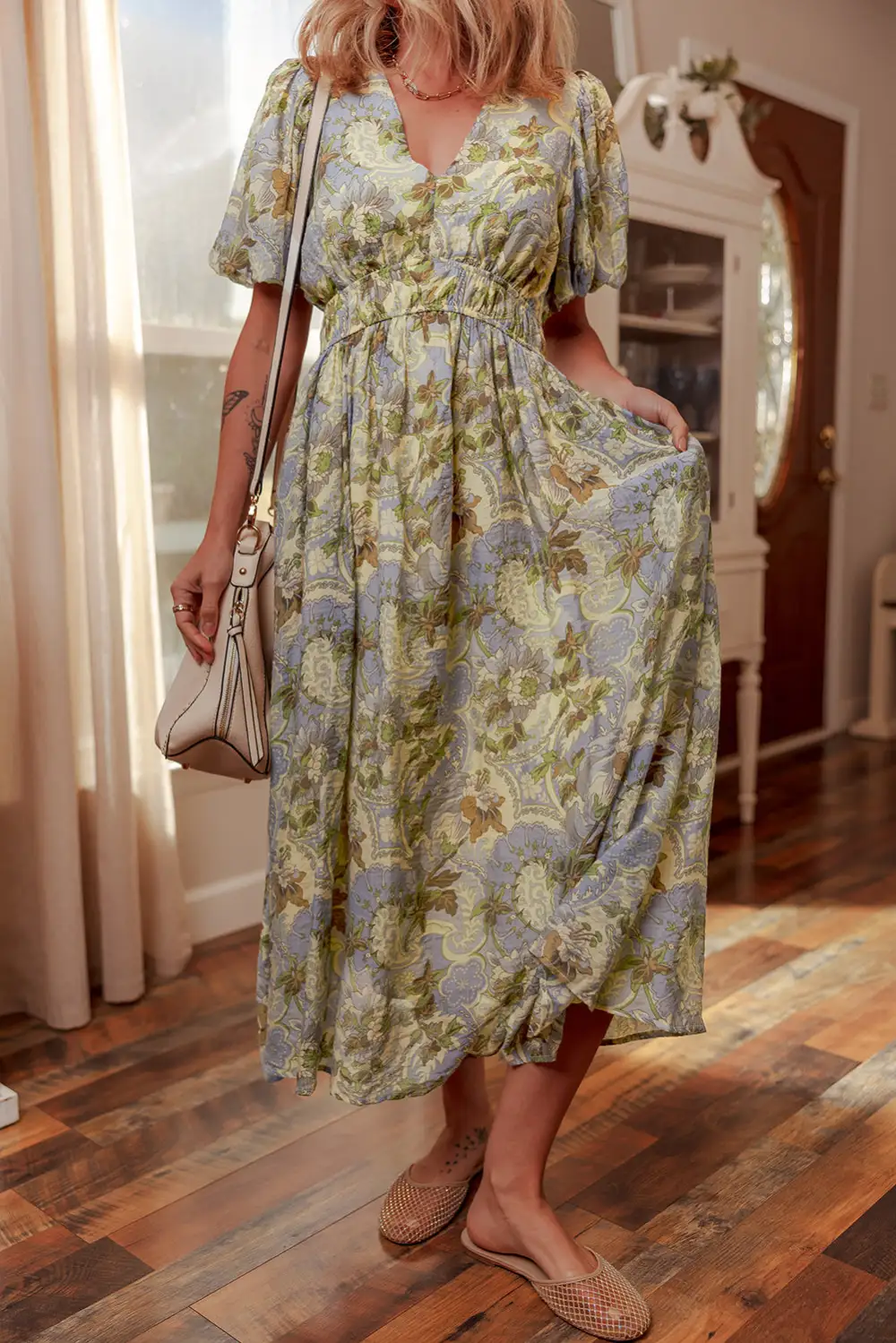Maxi Multicolour Vintage Floral V Neck Short Puff Sleeve