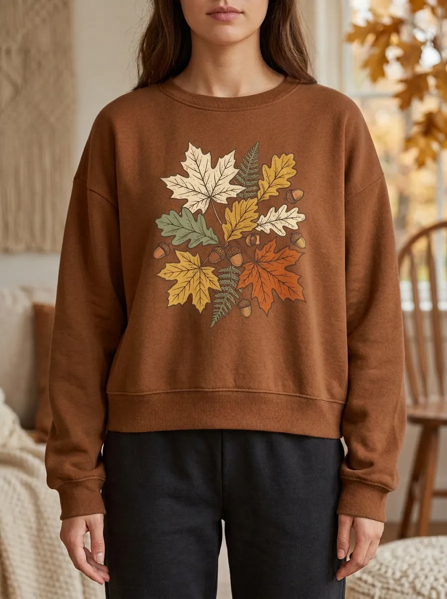 Soft Maple-Leaf Printed Acorn Graphic Sweatshirt