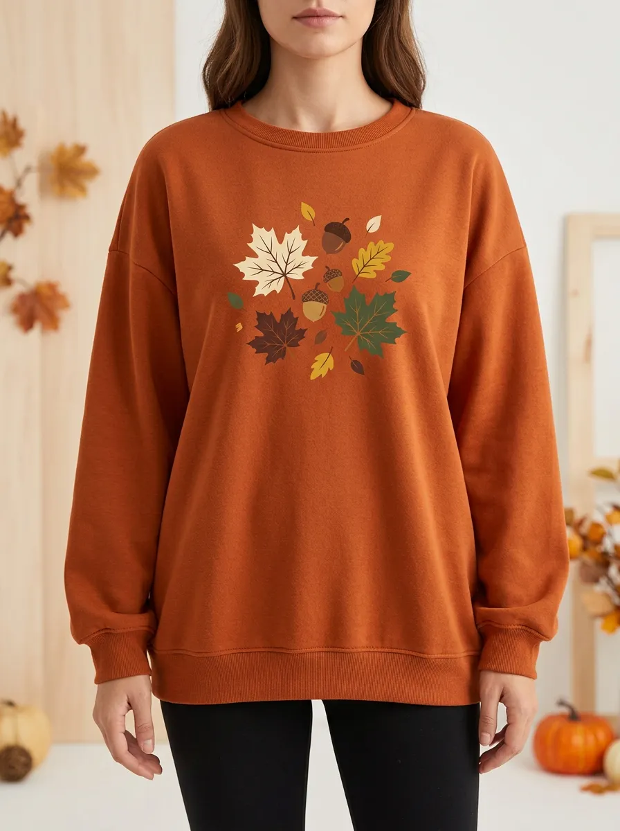 Minimal Maple-Leaf Printed Acorn Graphic Sweatshirt