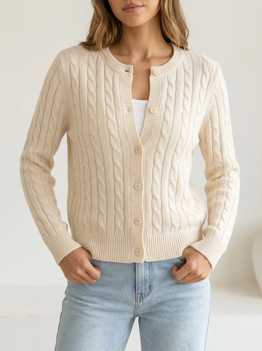 Women's Relaxed Cable Knit Button Front Crew Neck Cardigan