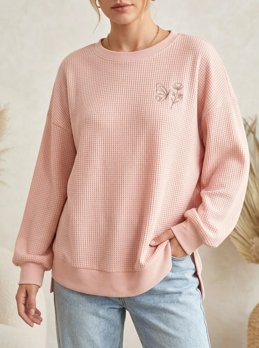 Women's Pink Aesthetic Butterfly Floral Line Art Printed Waffle Knit Sweatshirt