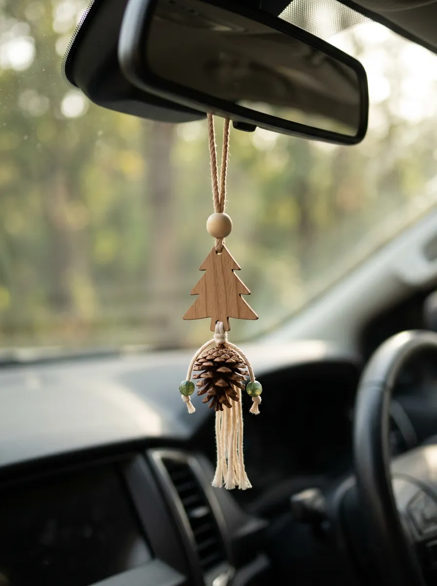 Refined Macrame Pine-Tree Rearview Mirror Hanging Ornament