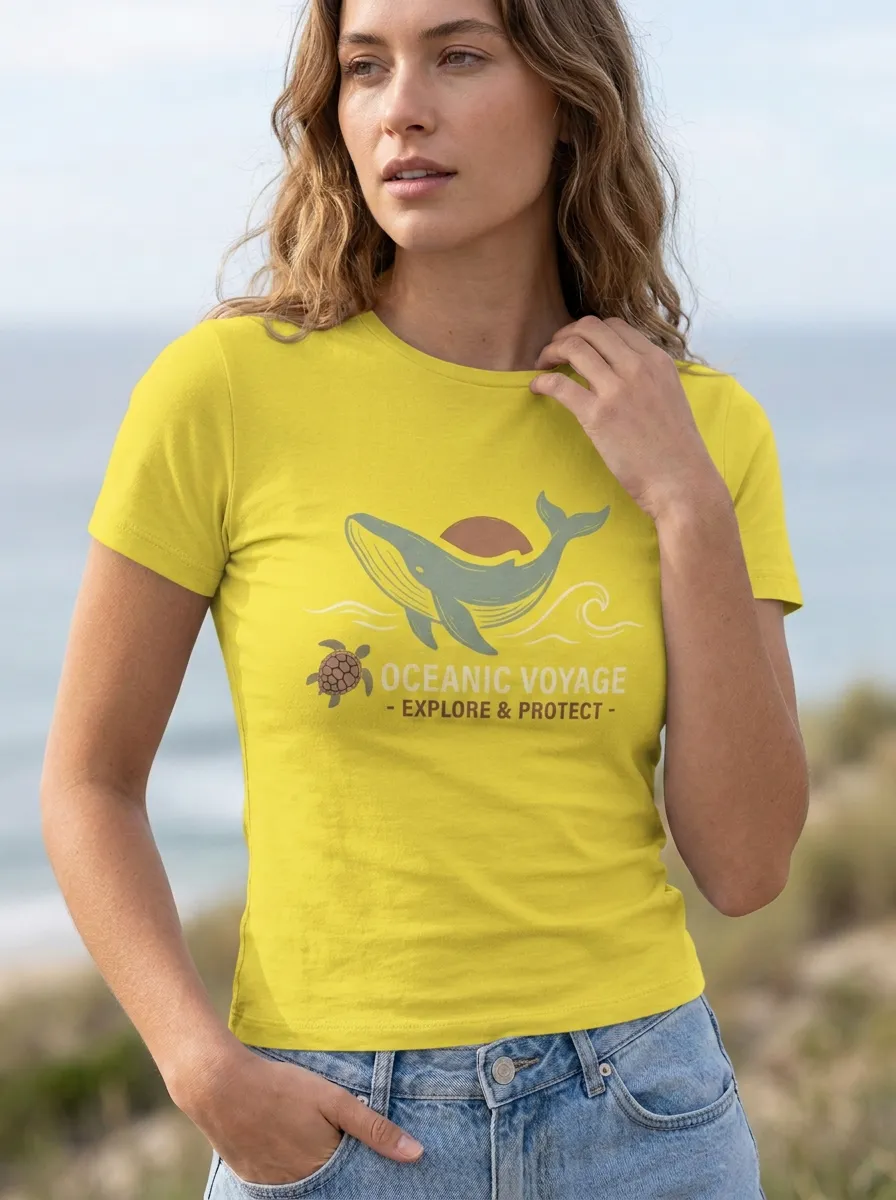 Women's Ocean Lover Whale Turtle Oceanic Voyage Printed T-shirt