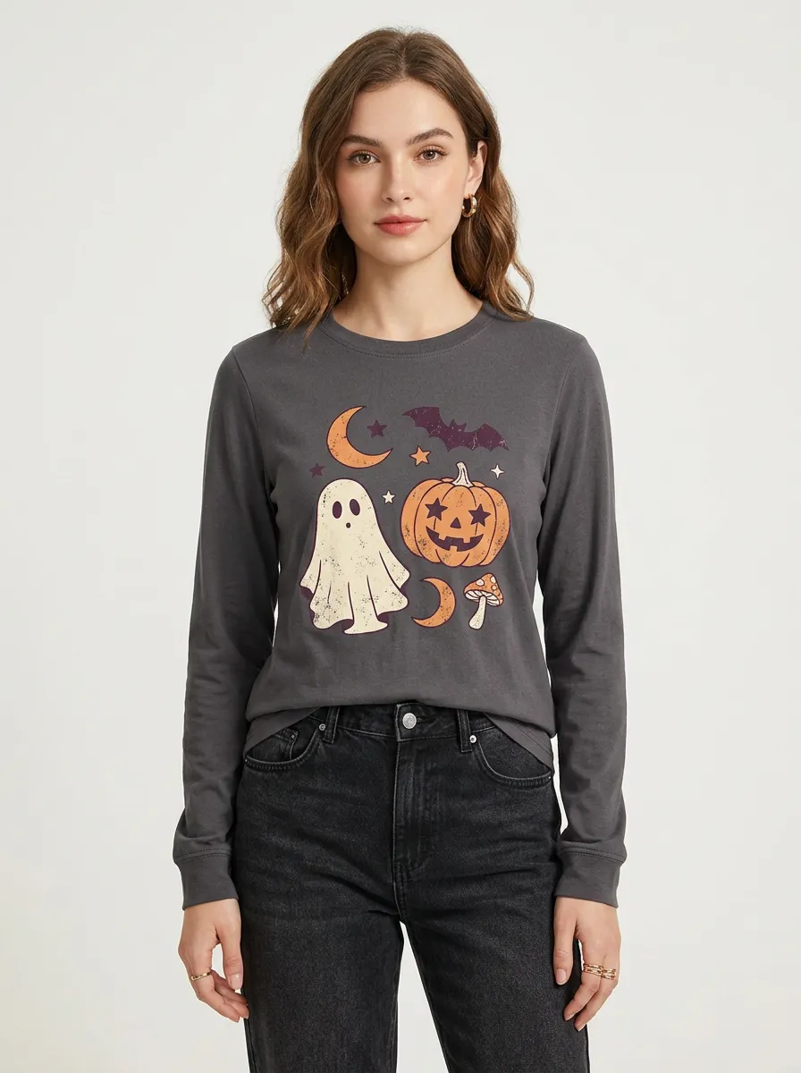Women's Halloween Ghost Pumpkin Bat Mushroom Printed Long Sleeve T-shirt