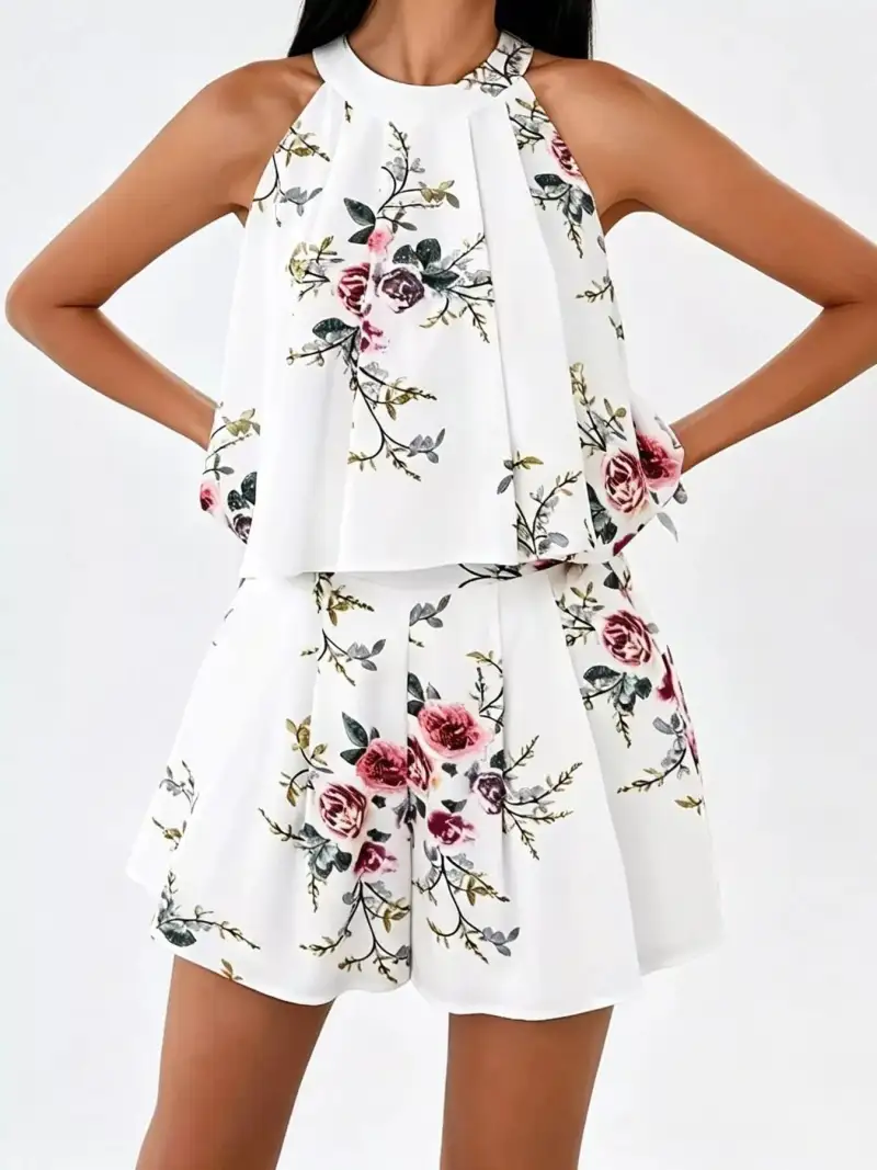 Halter-Neck Pleated Floral-Print Shorts Matching Set