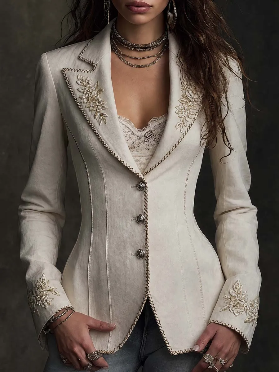 Boho Floral Embroidered Linen Blazer Lapel Single‑Breasted Slim Jacket
