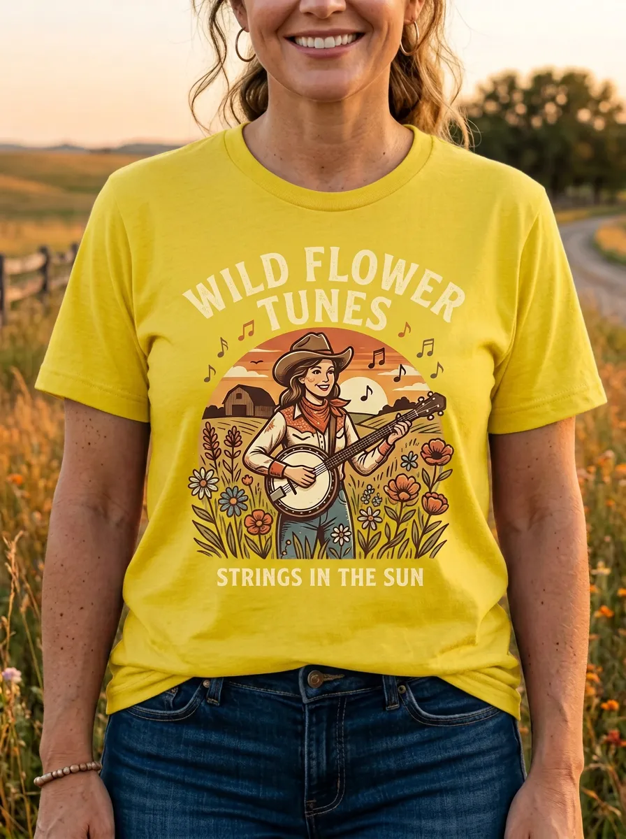 Rustic Country Music Banjo Wildflower Crew Neck T-Shirt