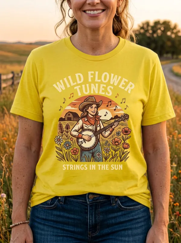 Rustic Country Music Banjo Wildflower Crew Neck T-Shirt