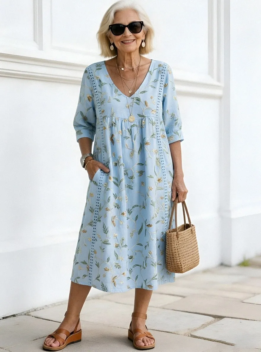 Women's Summer Vacation Floral Vine Printed Midi Dress