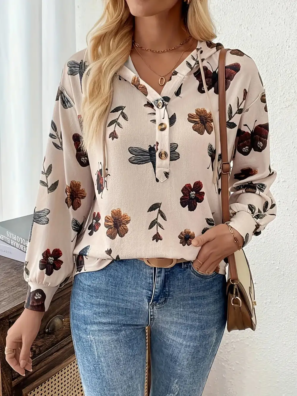 Drawstring Button-Front Buttoned Hoodie