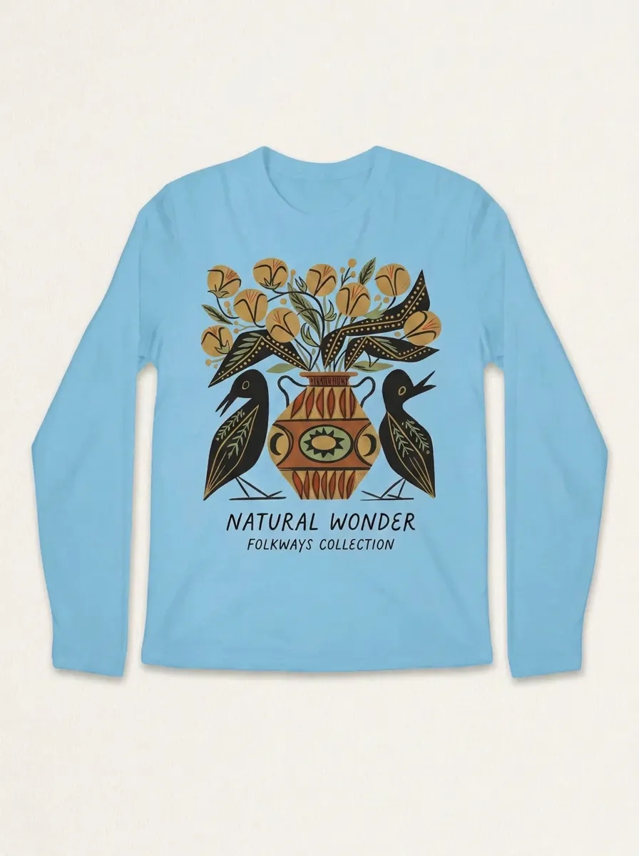 Unisex Folk Art Bird And Floral Vase Long Sleeve T-Shirt