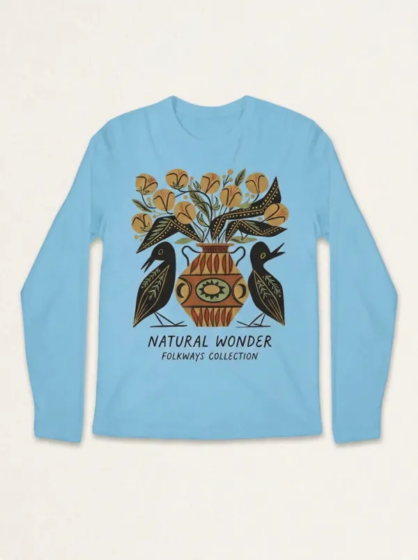 Unisex Folk Art Bird And Floral Vase Long Sleeve T-Shirt