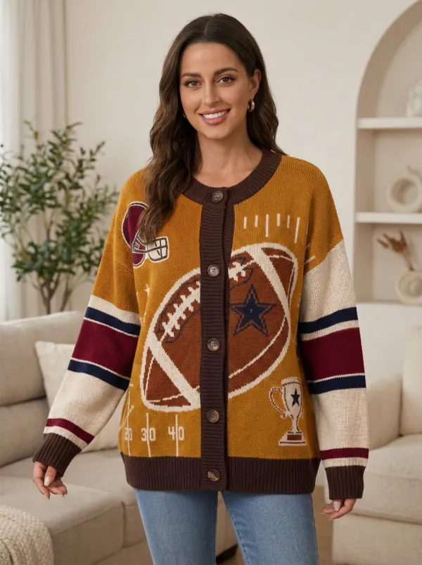 Women's Classic Modern Gridiron Helmet Trophy Ball Knit Cardigan