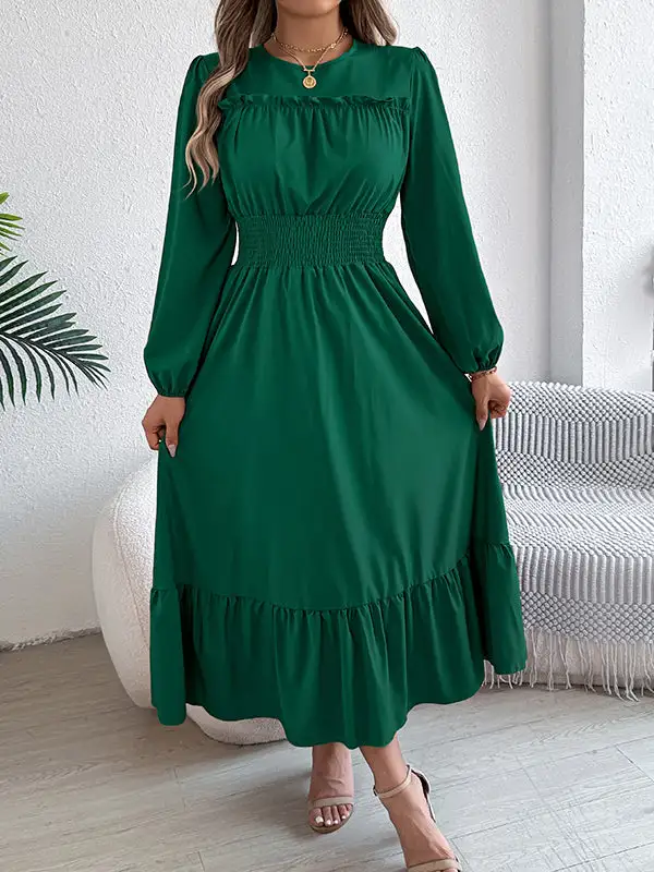 Elasticated Pleated Neck Maxi Dress