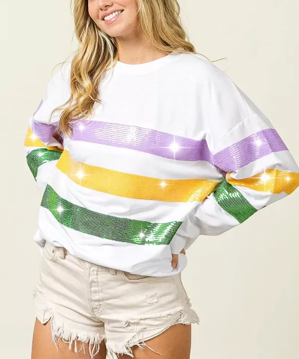 Sequin Mardi Gras Striped Round Neck Sweatshirt