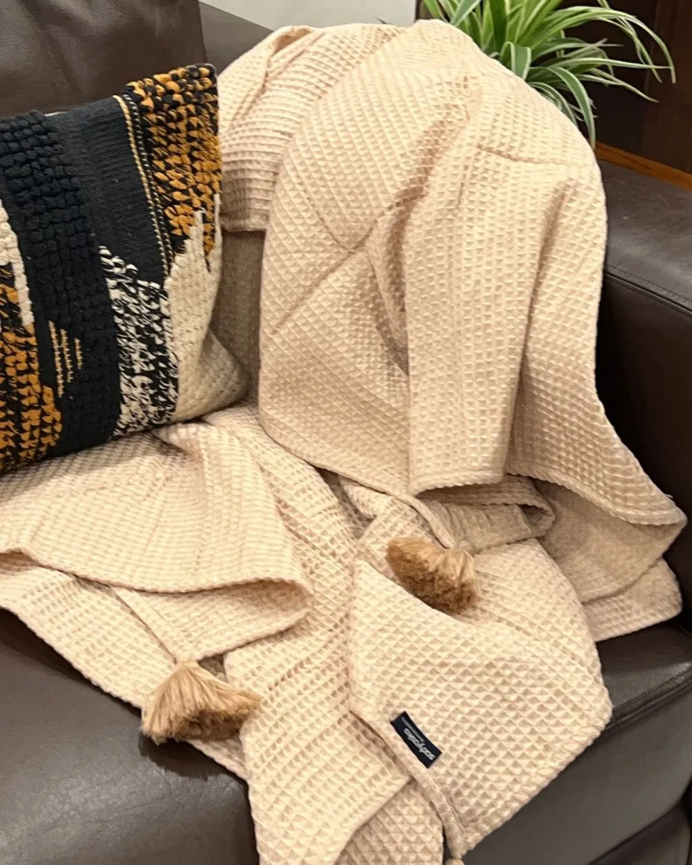 Beige Honeycomb Woven Throw With Tassels