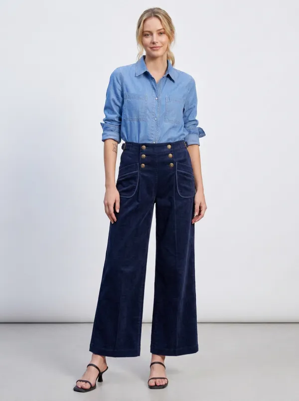 Women's Vintage Navy Corduroy High-Waisted Buttoned Wide-Leg Trousers