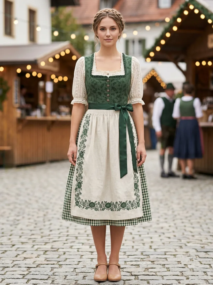 Floral Embroidered Gingham Square Neck Women's Bavarian Oktoberfest Dirndl Dress