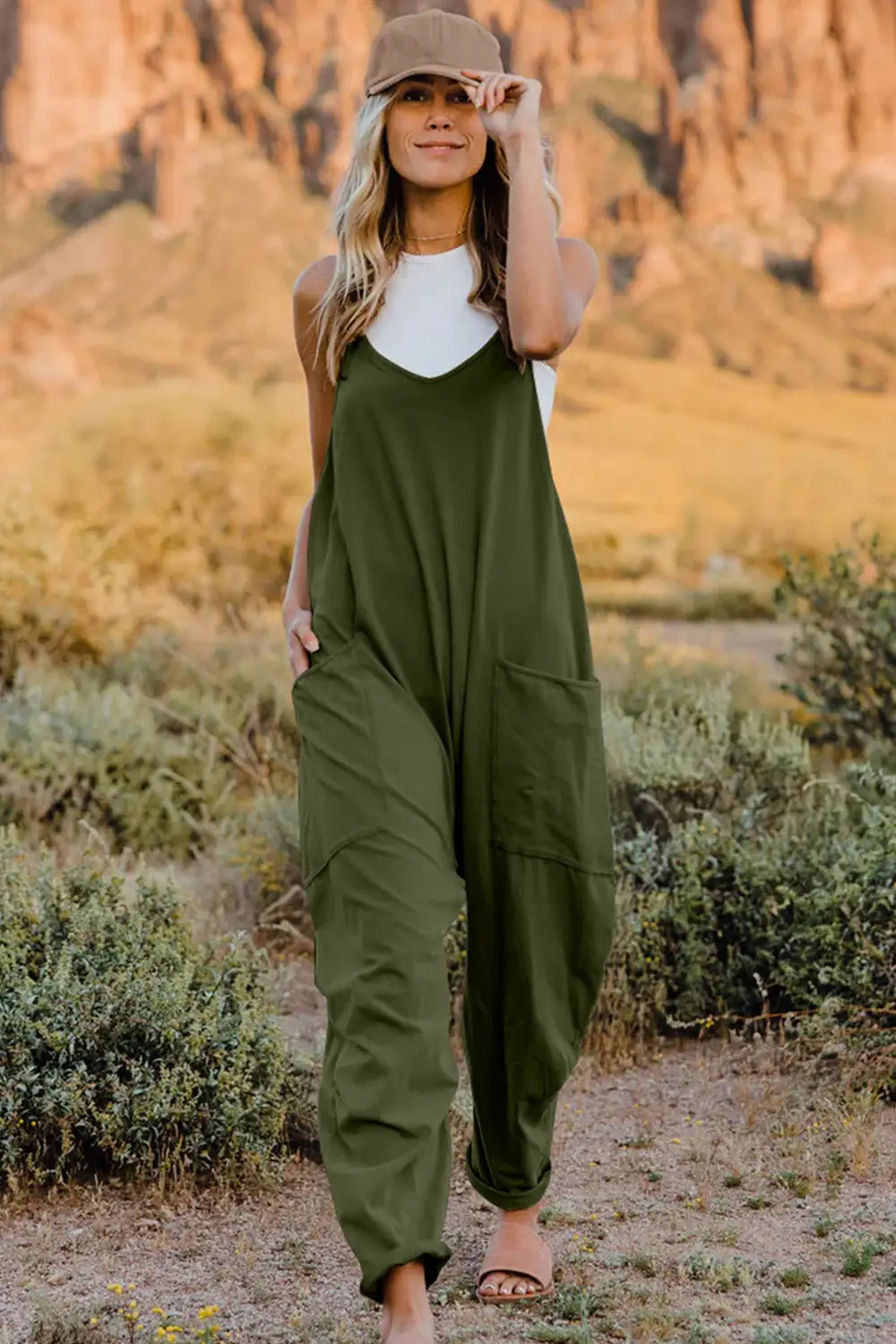 V Neck Sleeveless Pocket Jumpsuit