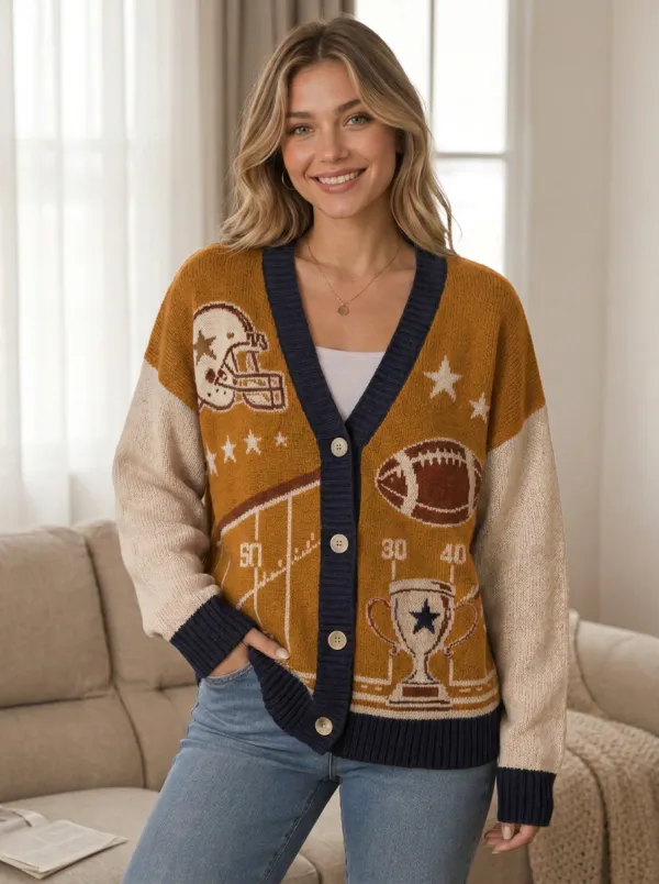 Women's Gridiron Football Helmet Trophy Knit Knit Cardigan