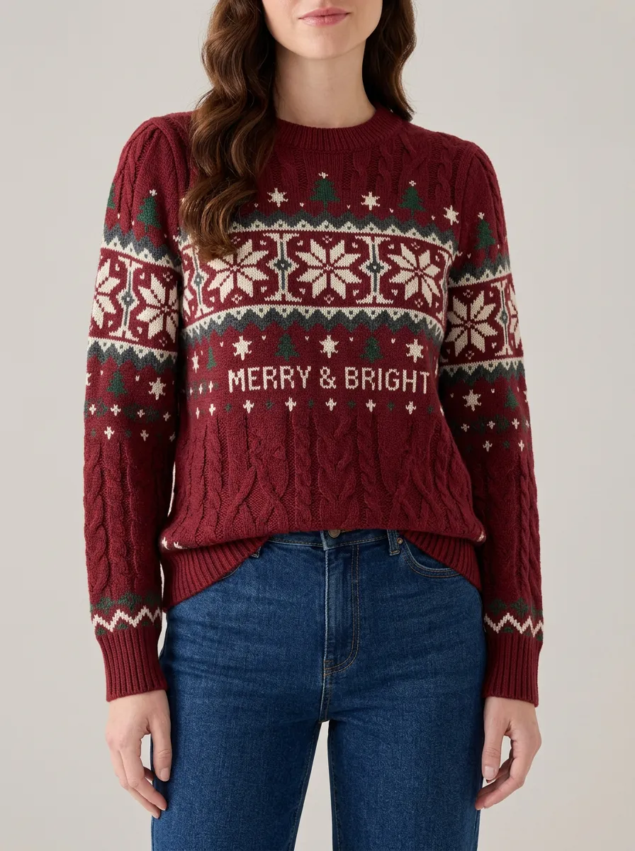 Merry & Bright Snowflake Tree Pattern Knitted Sweater