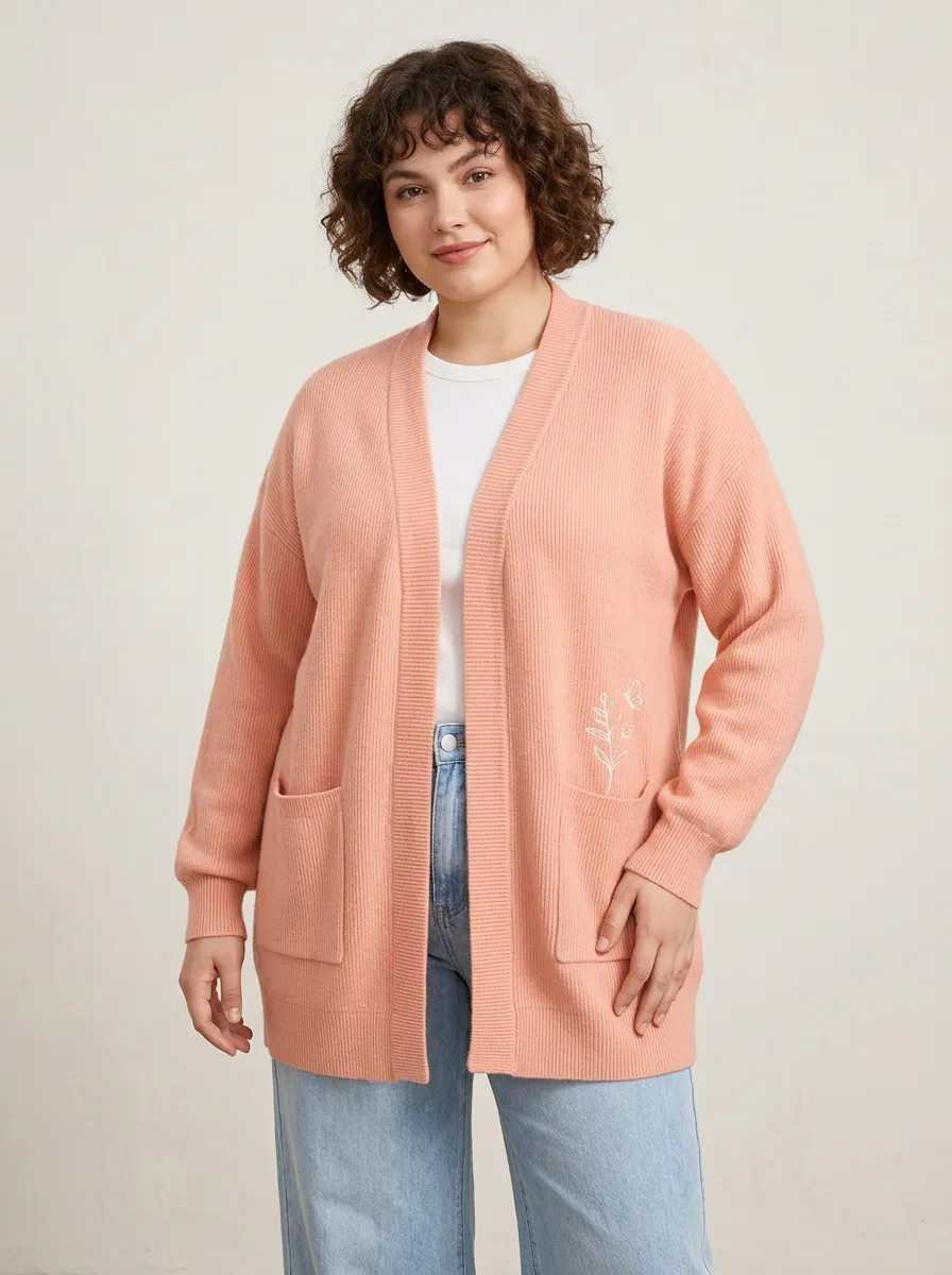 Pink Butterfly Floral Minimalist Embroidered Cardigan