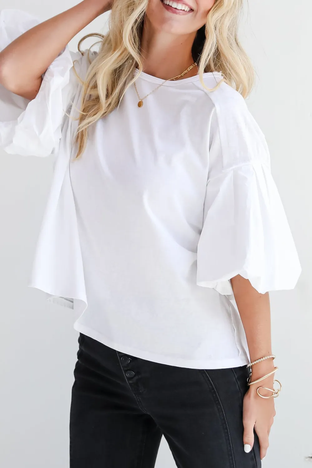 White Contrast Puff Sleeve Top