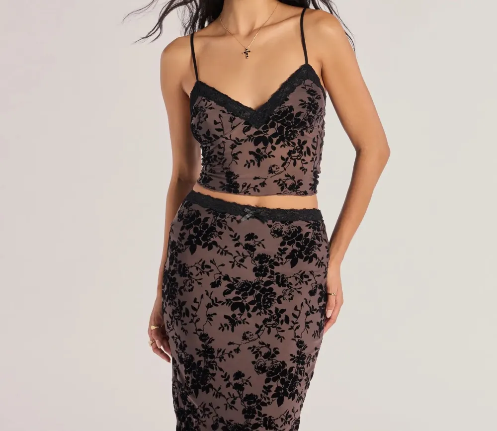 Brown Flocked Velvet Sleeveless Cropped Top