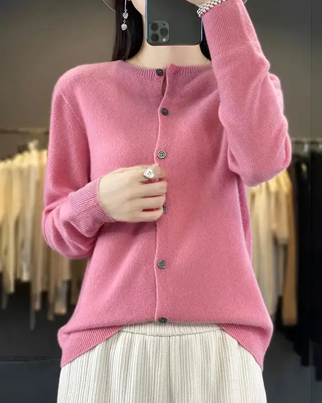 Merino-Wool Wool Round-Neck Cardigan