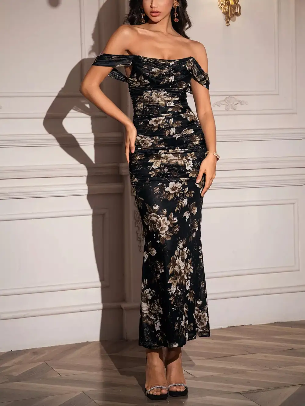Ruched Off-Shoulder Floral Casual Dress