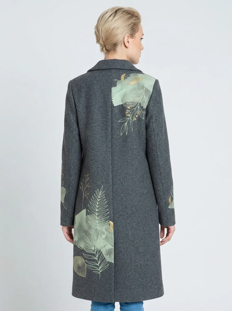 Women's Botanical Nature Lover Fern Leaf Printed Wool Coat
