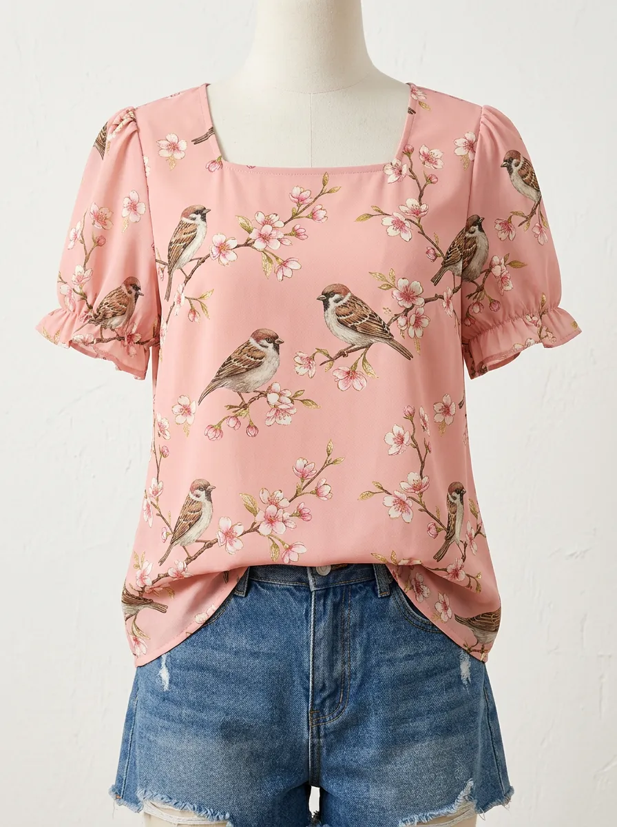 Cherry Blossom Nature Women's Loose Printed T-Shirt