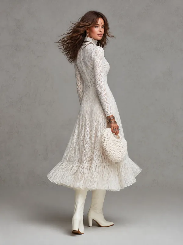 Elegant Sheer Floral Lace Turtleneck Long Sleeve Midi Dress