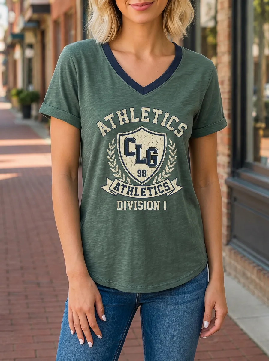 Women's Athletics Sports Lover CLG Shield Printed V-neck T-shirt