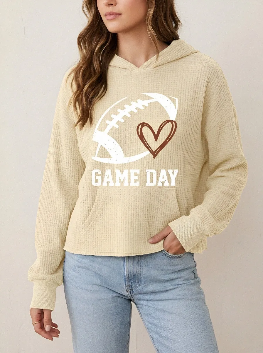 Women's Classic Football Lover Game Day Heart Printed Waffle Hoodie