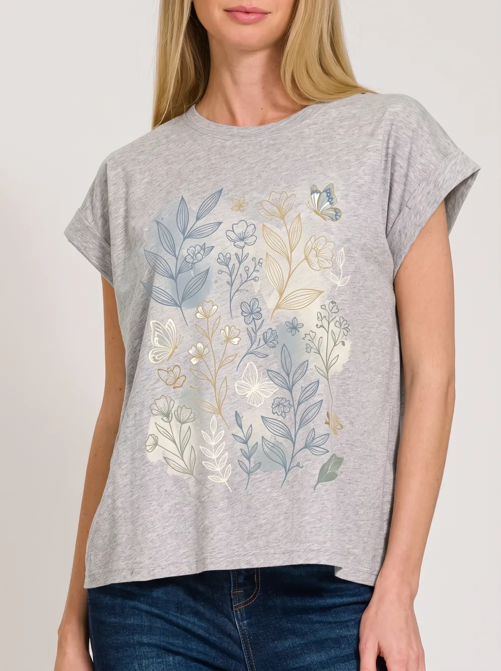 Women's Botanical Butterfly Floral Printed T-shirt