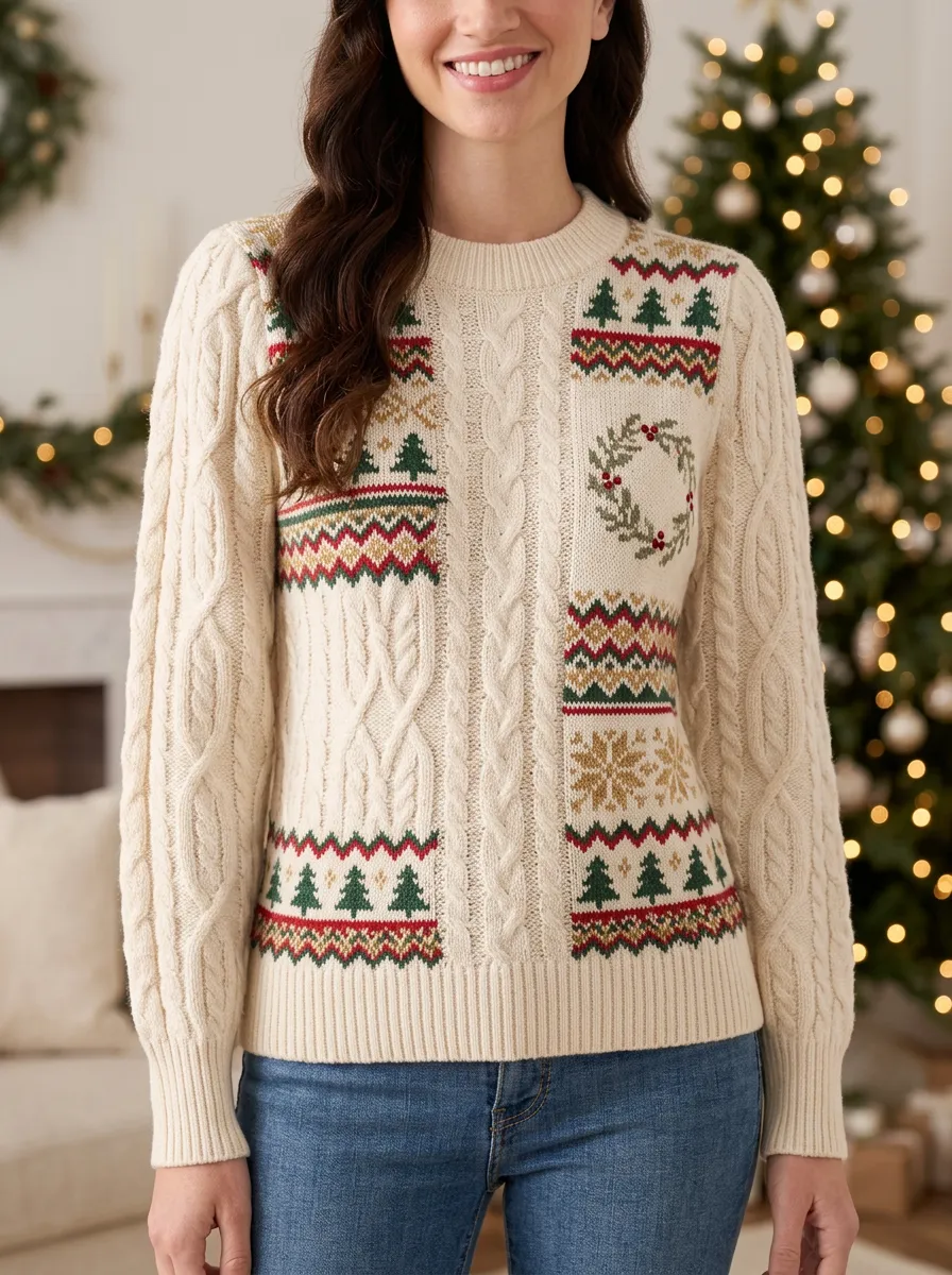 Christmas Holiday Tree Wreath Pattern Print Cable Knit Sweater