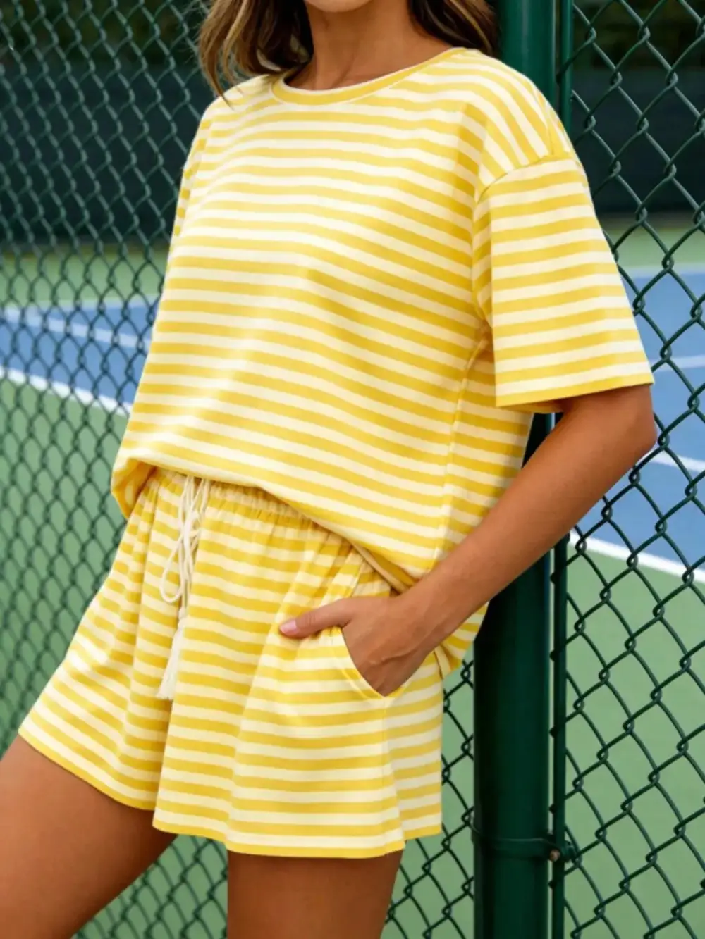 Striped Short Sleeve Tee Drawstring Shorts Set