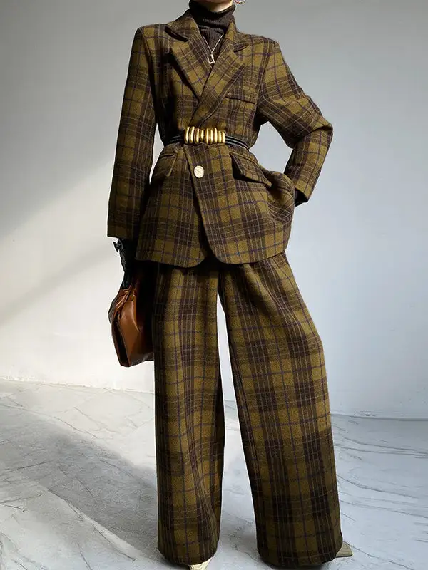 Plaid Split Lapel Jacket Textured Coat