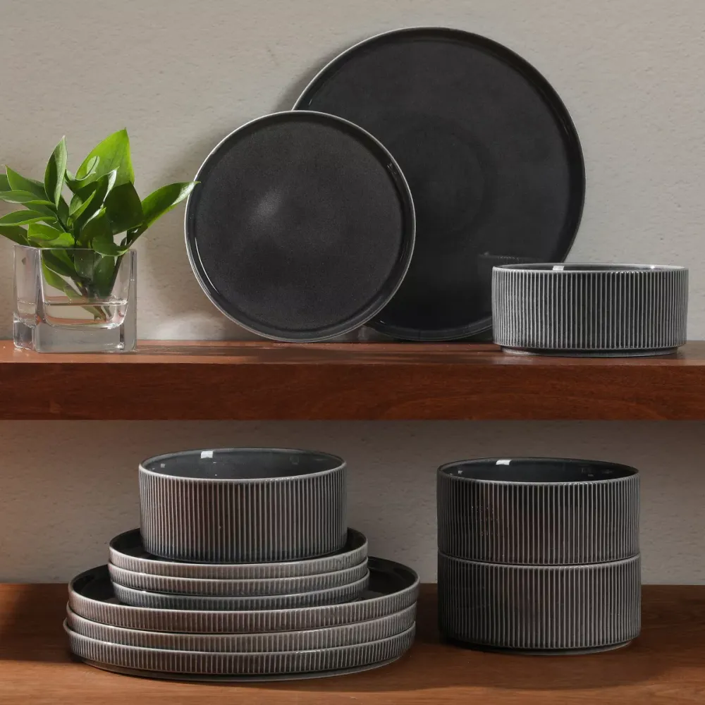 12-Piece Embossed Reactive Glaze Stoneware Dinnerware Set