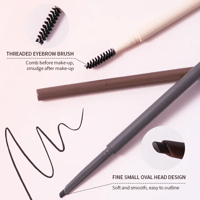 Dual-ended Waterproof super Thin Eye Brow Pencil with brush High Quality 3-color Pink Slim Eyebrow Pencil
