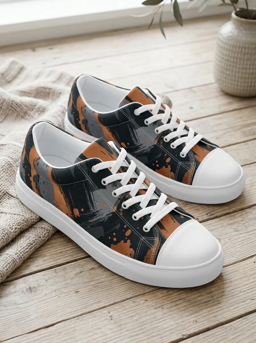 Men's Abstract Brushstroke Orange Grey Printed Canvas Shoes