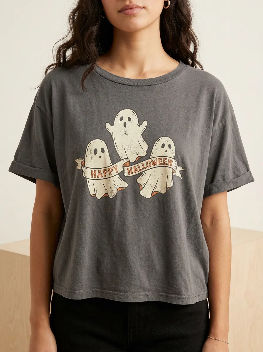 Women's Halloween Ghost Trio Happy Halloween Printed T-shirt