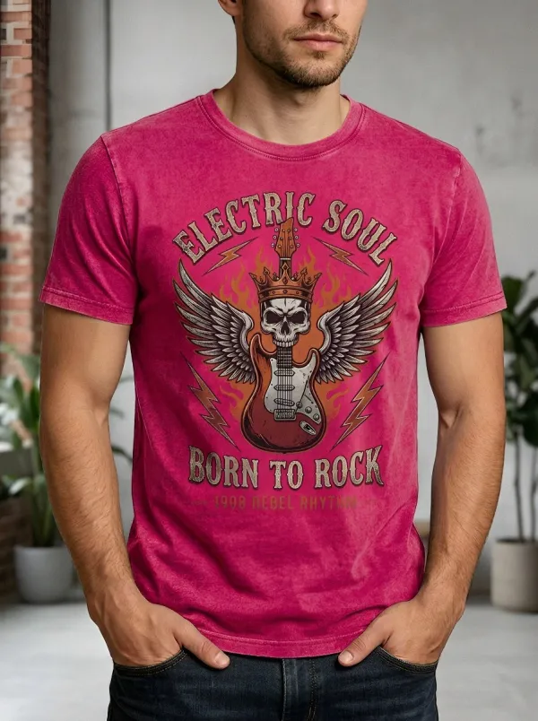 Men's Rock Music Lover Skull Guitar Wings Printed T-shirt
