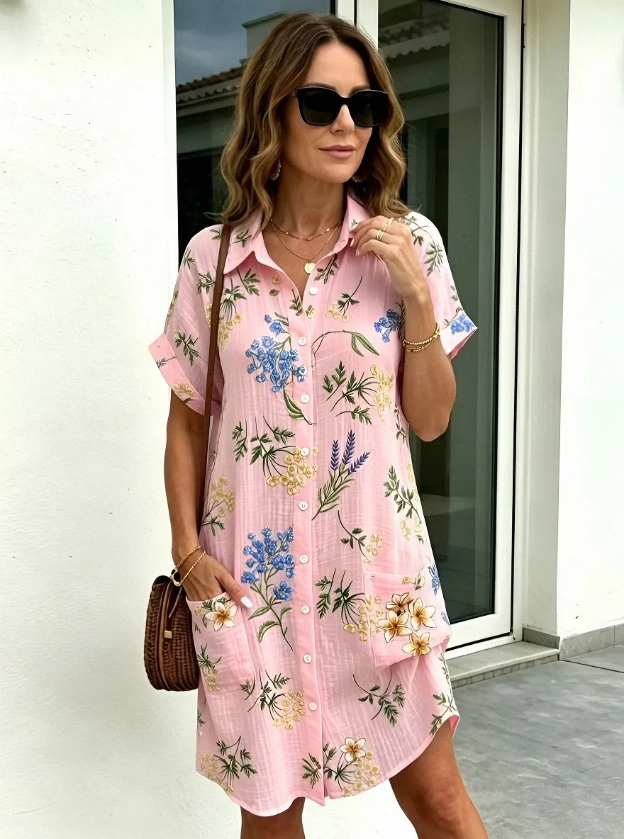 Women's Summer Vacation Floral Botanical Printed Shirt Dress