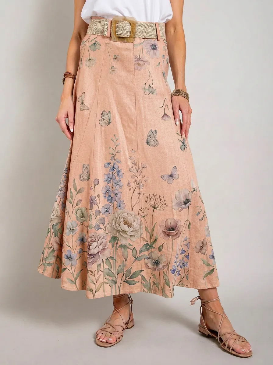 Women's Floral Butterfly Nature Lover Printed Maxi Skirt