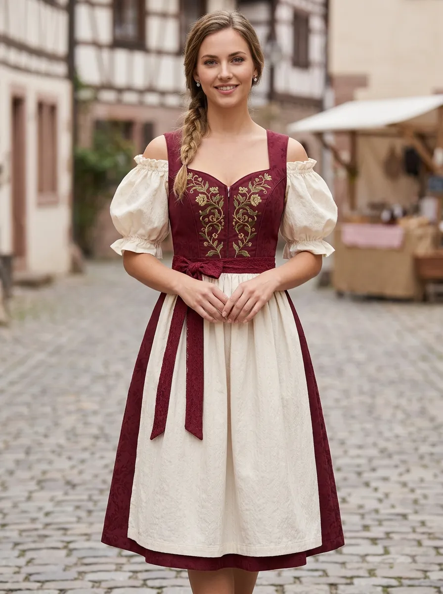 Floral Embroidered Square Neck Traditional Women's Bavarian Oktoberfest Dirndl Dress