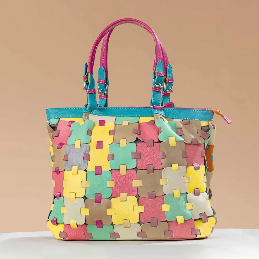 Leather Puzzle Motif Tote Bag