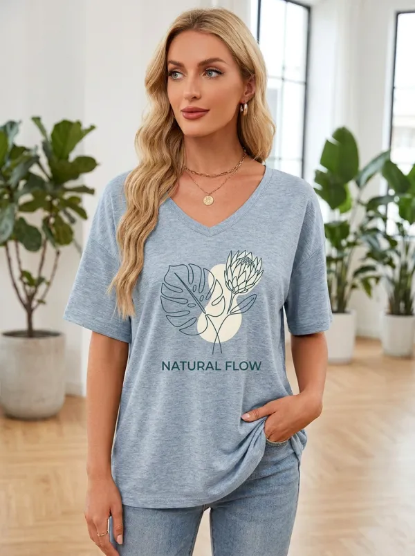 Women's Botanical Natural Flow Monstera Protea Printed V-Neck T-shirt