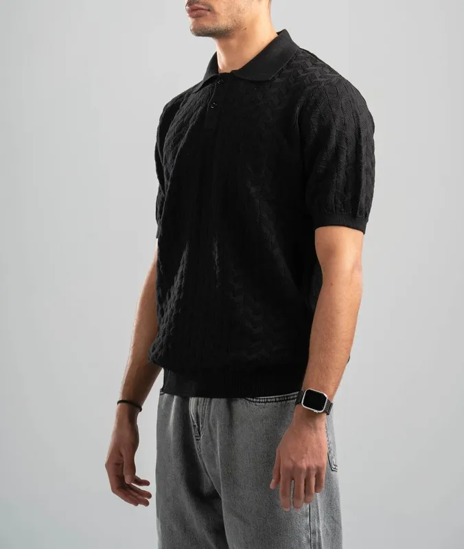 Black Textured Knit Polo Shirt
